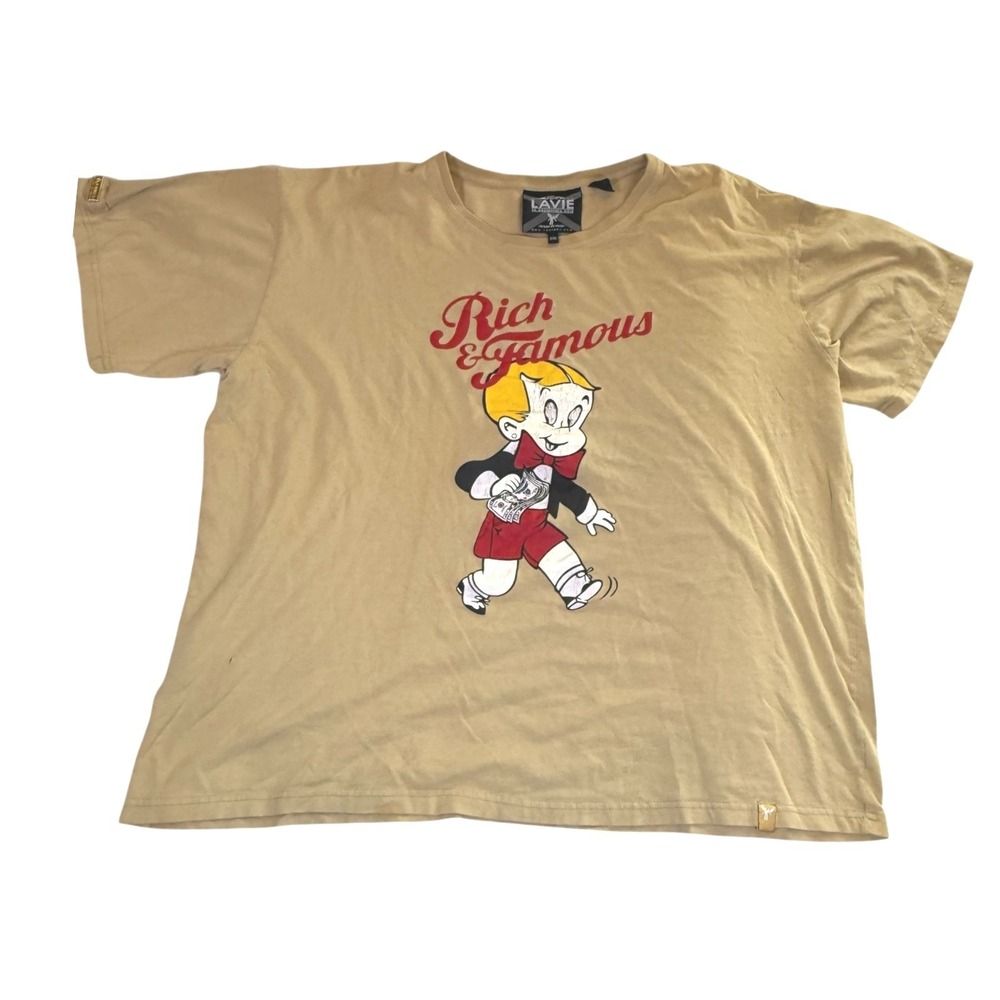 LAVIE Rich & Famous‎ Graphic T Shirt 2XL Tan Distressed Y2K Streetwear